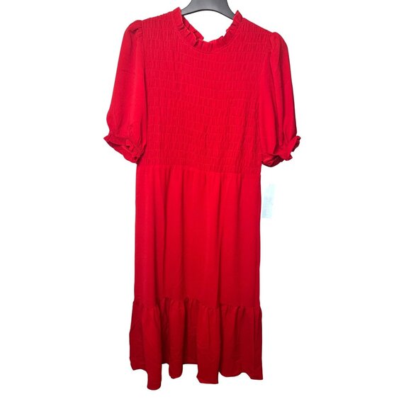 London Times Women's Smocked Bodice Tiered Midi Dress Red Size 12 - Picture 4 of 13